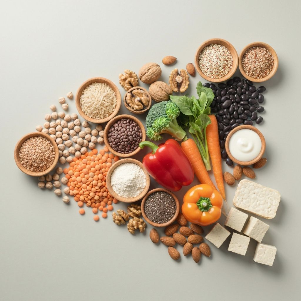 Overhead flat-lay showing spectrum of plant-based foods from whole to more processed forms