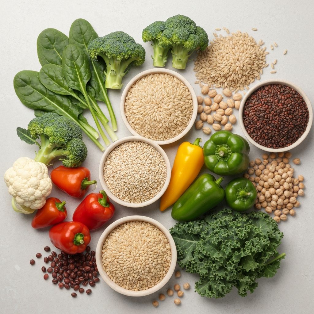 Overhead arrangement of high-fibre whole plant foods with visible freshness and water content