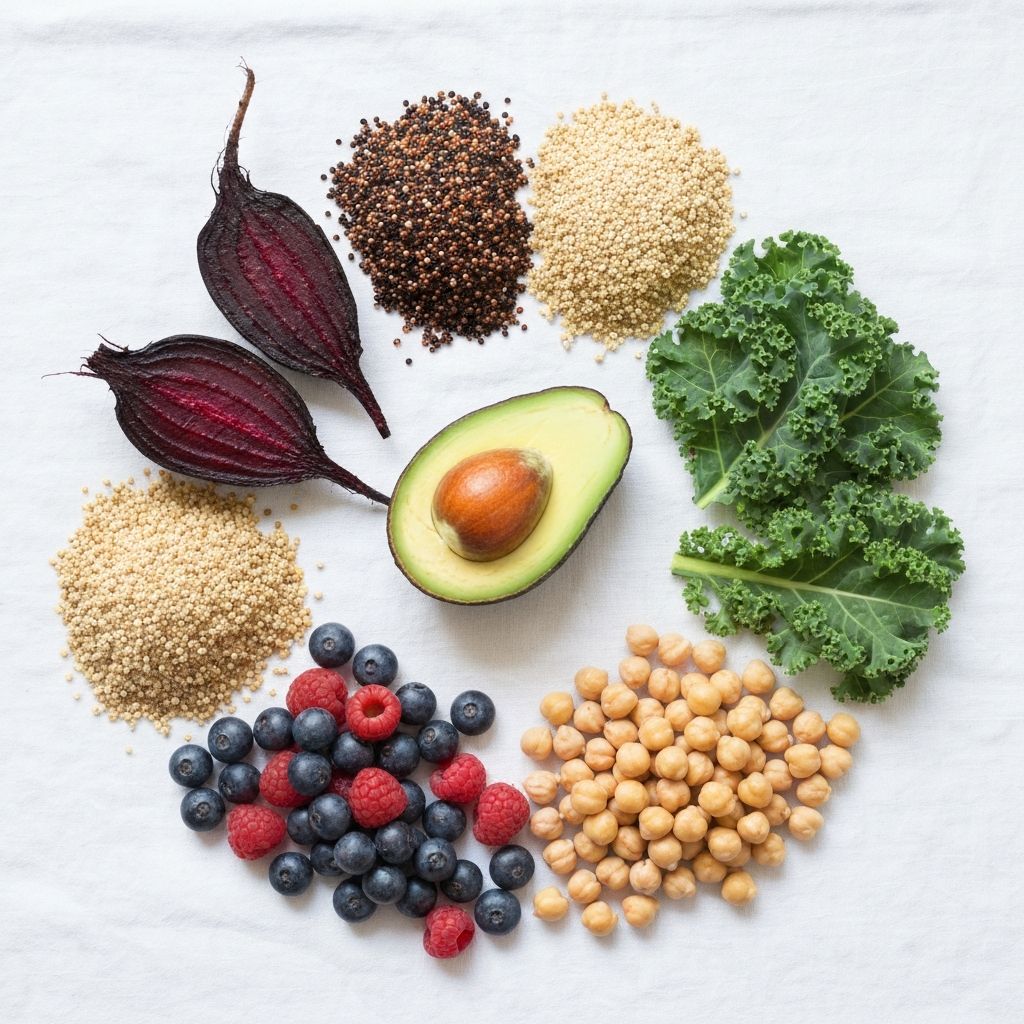Six colourful whole plant foods arranged in circular pattern including beetroot, quinoa, kale, chickpeas, avocado and berries