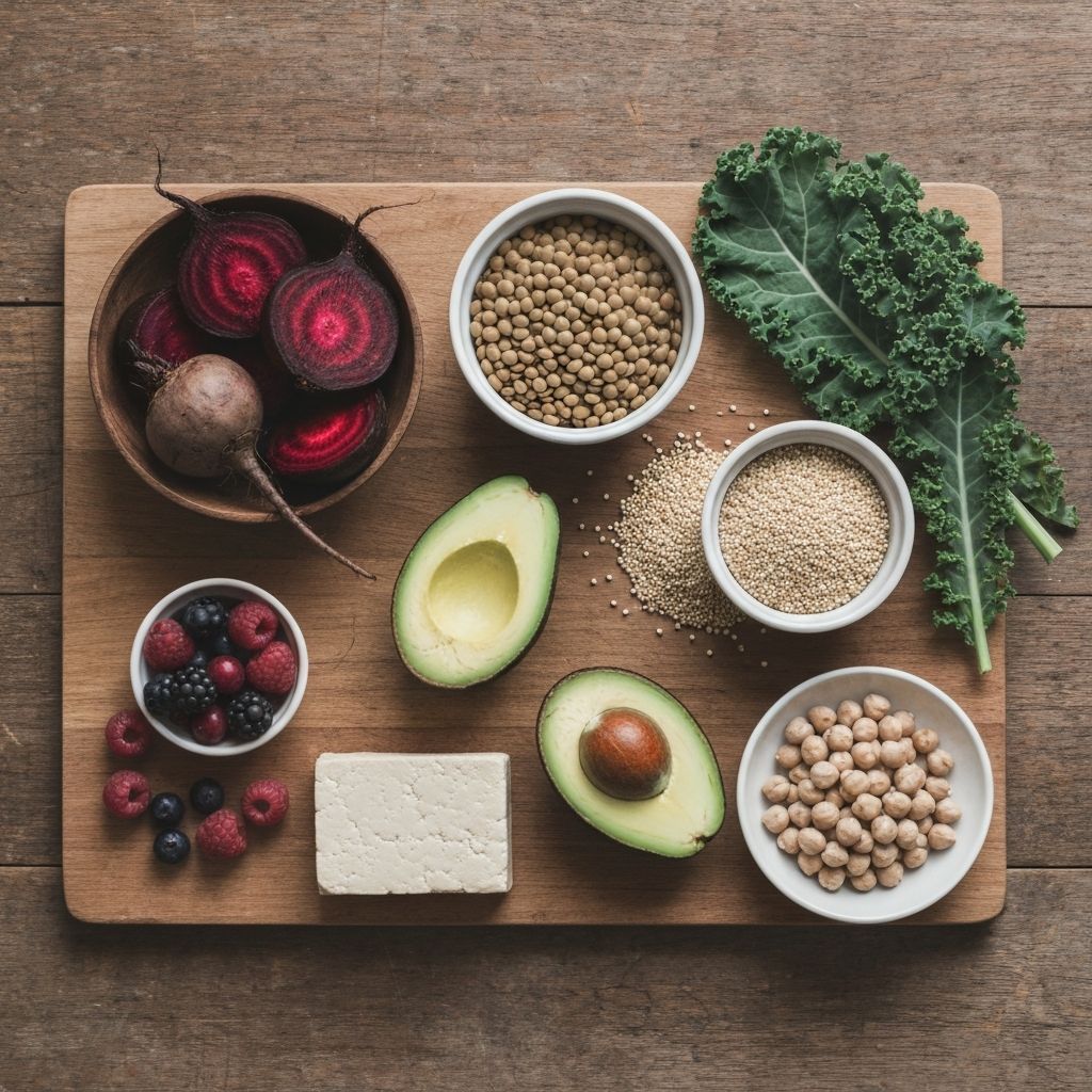 Overhead arrangement of colourful whole plant foods including legumes, grains, vegetables and fruits